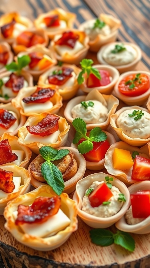A vibrant platter of one-bite appetizers including puff pastry cups with cheese and bacon, and phyllo cups with hummus and fruit on a wooden table.